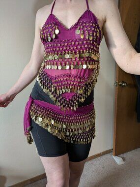 2pc Purple & Gold Belly Dancing Top & Hip Scarf